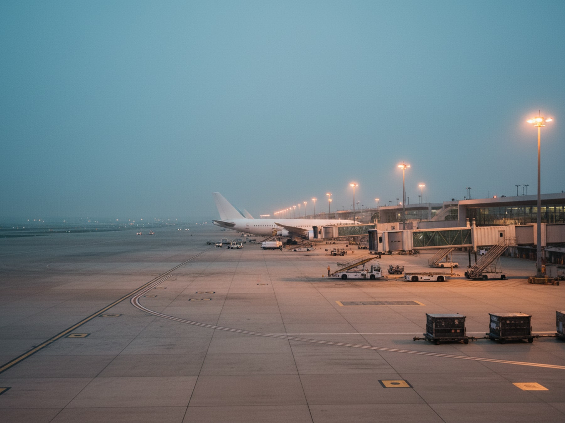 Wide airport apron at dawn with aircraft at stand and ground equipment