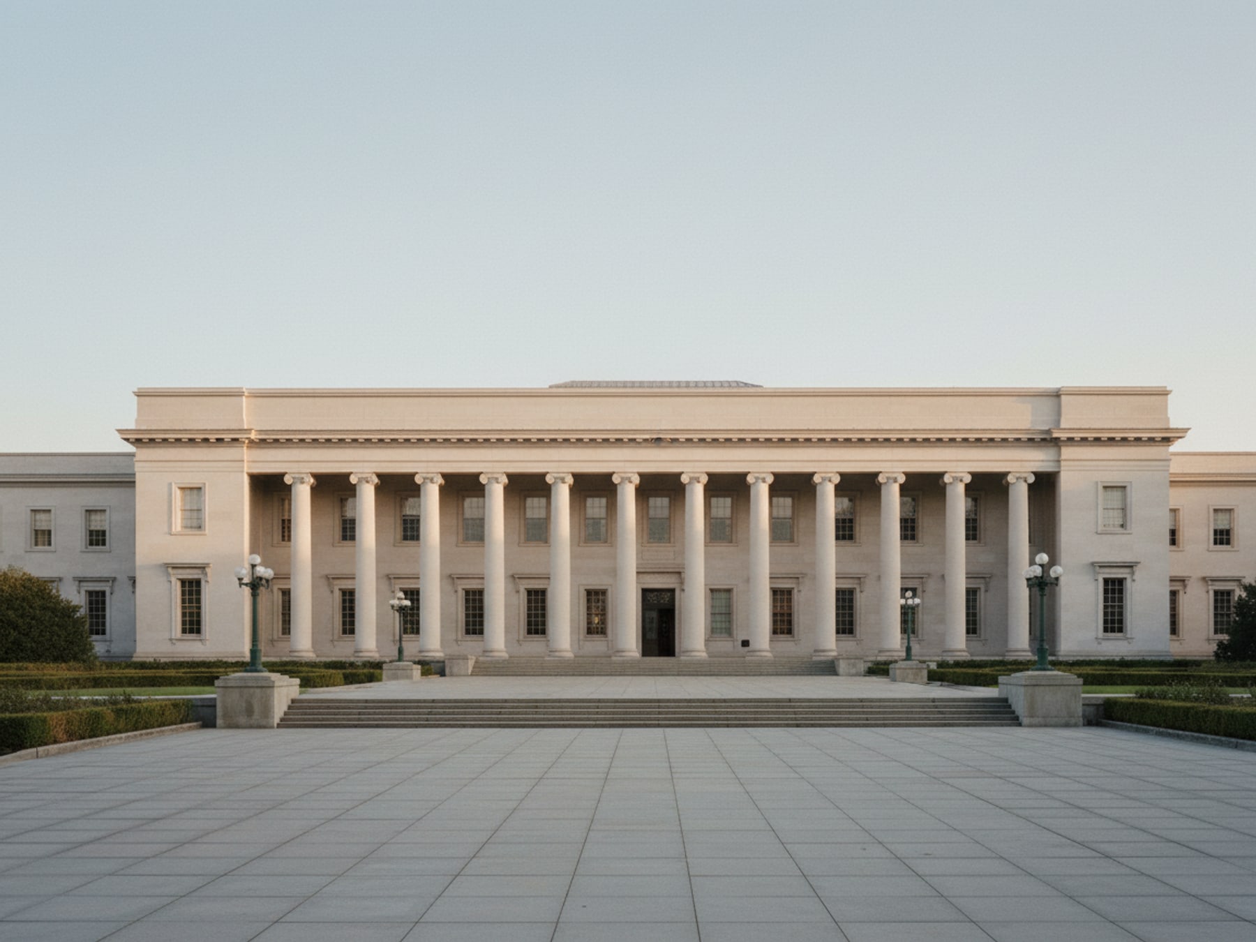 Government administrative building with wide colonnade, Dhaka, morning light